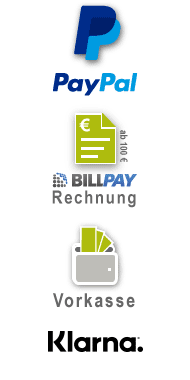 Zahlungsarten PayPal, Rechnungskauf, Vorkasse, Kreditkarte, Sofort Überweisung